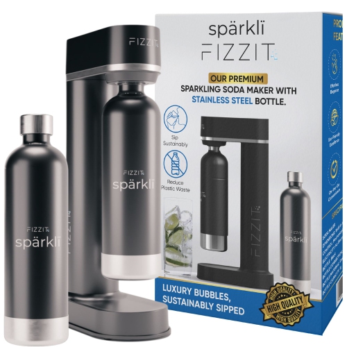 Machine à boissons gazeuses Spärklï de Fizzit avec 1 bouteille en acier inoxydable noir et 2 bouteilles en acier inoxydable blanc