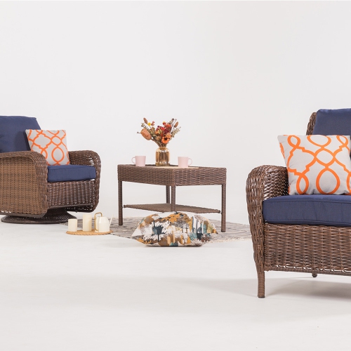 Krikacy 3PCS HDPE Wicker Bistro Set with Swivel Chair and End Table(Blue Cushions)