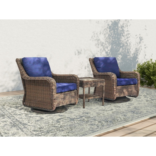 Krikacy 3PCS HDPE Wicker Bistro Set with Swivel Chair and End Table(Blue Cushions)