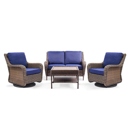 Krikacy 4PCS HDPE Wicker Coversation Loveseat Set with Swivel Chair and Coffee Table(Blue Cushions)