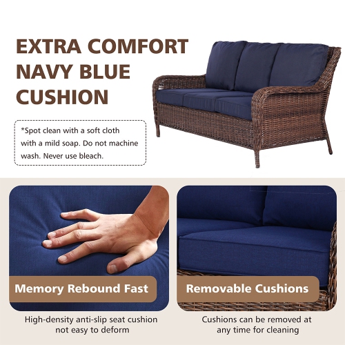 Krikacy 4PCS HDPE Wicker Coversation Loveseat Set with Swivel Chair and Coffee Table(Blue Cushions)