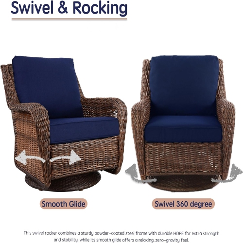 Krikacy 4PCS HDPE Wicker Coversation Loveseat Set with Swivel Chair and Coffee Table(Blue Cushions)