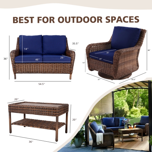 Krikacy 4PCS HDPE Wicker Coversation Loveseat Set with Swivel Chair and Coffee Table(Blue Cushions)