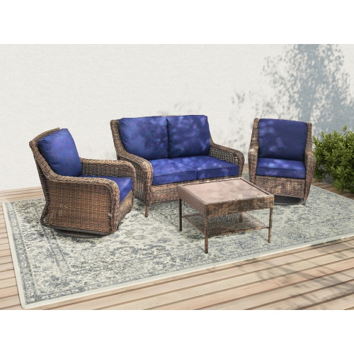 Krikacy 4PCS HDPE Wicker Coversation Loveseat Set with Swivel Chair and Coffee Table(Blue Cushions)