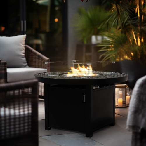 Krikacy Black Alumium 42in Round Firepit Table with Glass Beads, Windguard and Cover-Propan/Natural Gas