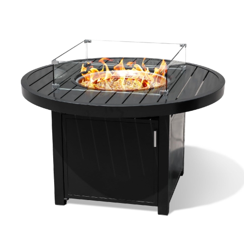 Krikacy Black Alumium 42in Round Firepit Table with Glass Beads, Windguard and Cover-Propan/Natural Gas