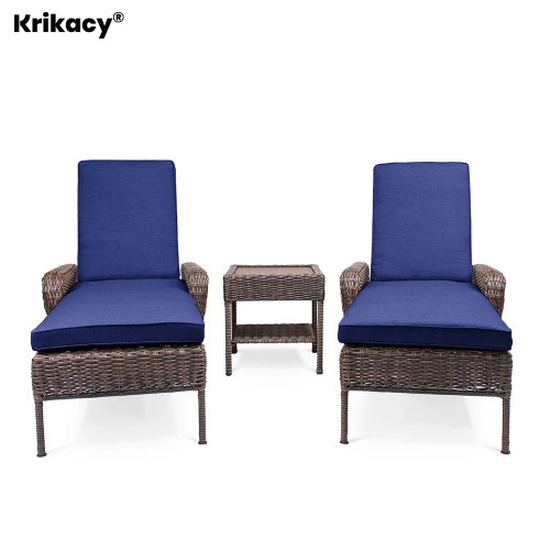 KRIKACY  3PCs HDpe Chaise Lounge Set With End Table(Blue Cushions)
