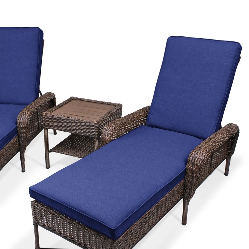 Krikacy 3PCS HDPE Chaise Lounge Set with End Table(Blue Cushions)
