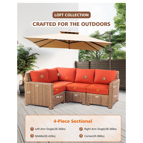 Krikacy 4PCS HDPE Wicker Sectional Conversation Set (Red Cushions）