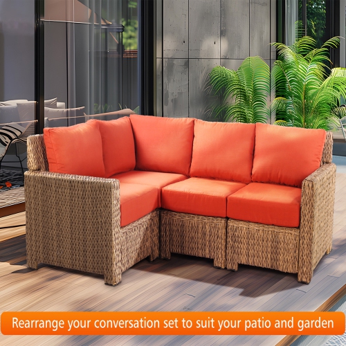 Krikacy 4PCS HDPE Wicker Sectional Conversation Set (Red Cushions）