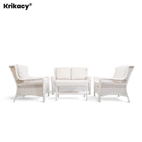 Krikacy 4PCS HDPE Wicker Coversation Loveseat Set with Coffee Table(Beige Cushions)