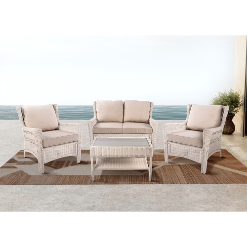 Krikacy 4PCS HDPE Wicker Coversation Loveseat Set with Coffee Table(Beige Cushions)