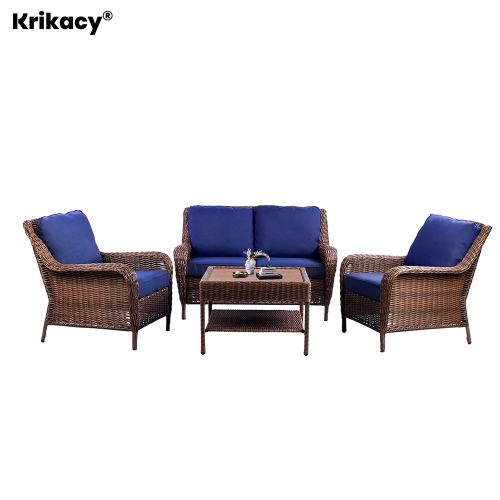 Krikacy 4PCS HDPE Wicker Coversation Loveseat Set with Coffee Table(Blue Cushions)