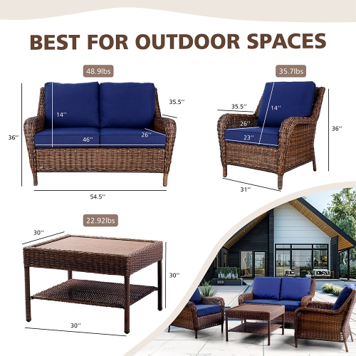 Krikacy 4PCS HDPE Wicker Coversation Loveseat Set with Coffee Table(Blue Cushions)
