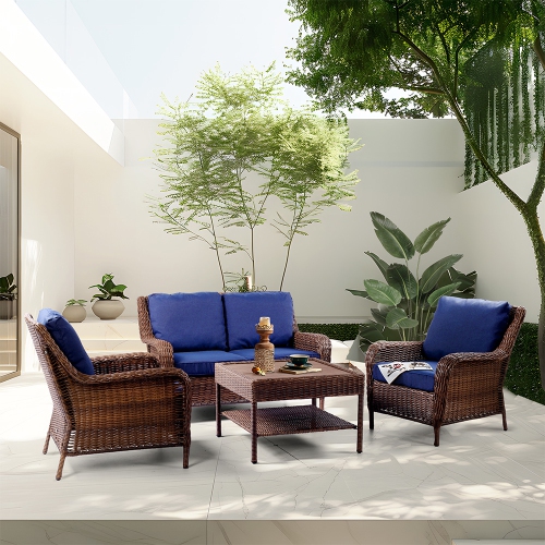 Krikacy 4PCS HDPE Wicker Coversation Loveseat Set with Coffee Table(Blue Cushions)