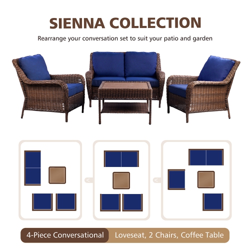 Krikacy 4PCS HDPE Wicker Coversation Loveseat Set with Coffee Table(Blue Cushions)