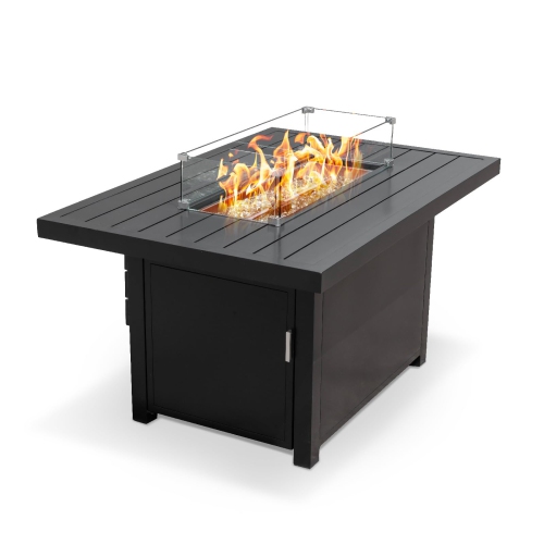 Krikacy Black Alumium 48in Retangle Firepit Table with Glass Beads, Windguard and Cover-Propan/Natural Gas