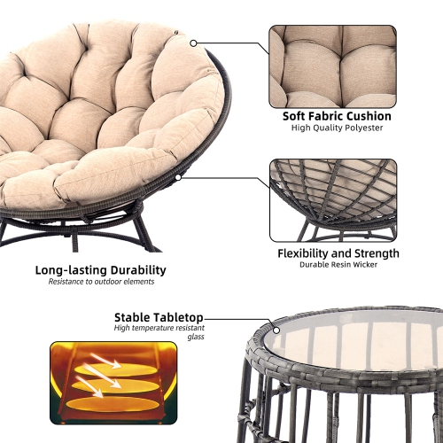 Krikacy 3PCS HDPE Wicker Bistro Set with End Table(Beige Cushions)