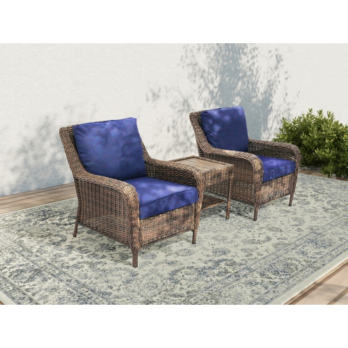 Krikacy 3PCS HDPE Wicker Bistro Set with End Table(Blue Cushions)
