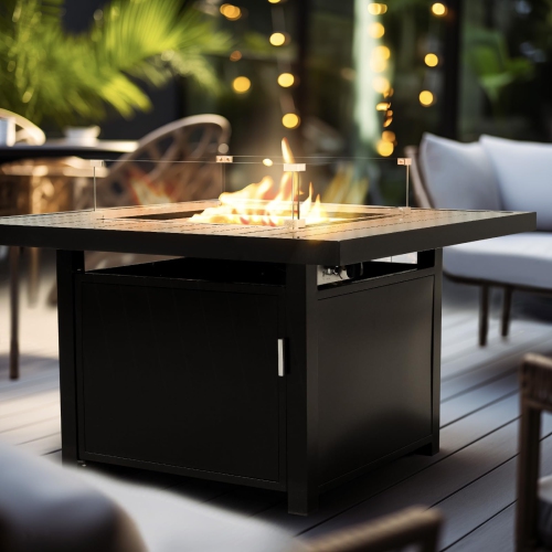Krikacy Black Alumium 42in Square Firepit Table with Glass Beads, Windguard and Cover-Propan/Natural Gas