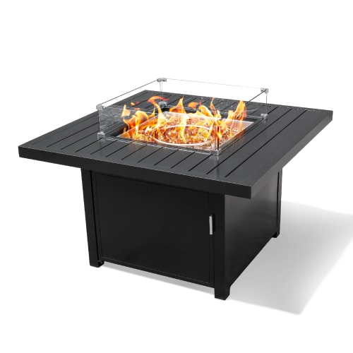 Krikacy Black Alumium 42in Square Firepit Table with Glass Beads, Windguard and Cover-Propan/Natural Gas