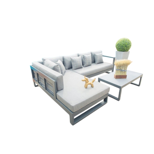 Krikacy 4PCS Nordic Aluminum Sectional Conversation Set with Coffee Table and Right Arm Chaise(Sunproof Grey Cushions)