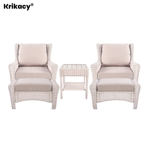 Krikacy 5PCS HDPE Wicker Bistro Set with Ottoman and End Table(Beige Cushions)