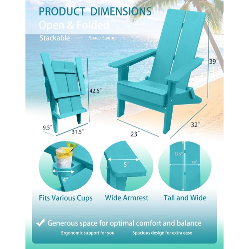 Krikacy Modern Folding Polymer Adirondack Chair with Cup Holder-Teal