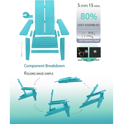 Krikacy Modern Folding Polymer Adirondack Chair with Cup Holder-Teal