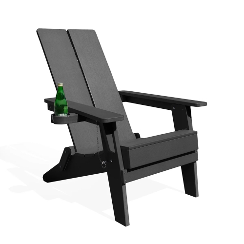 Krikacy Modern Folding Polymer Adirondack Chair with Cup Holder-Black