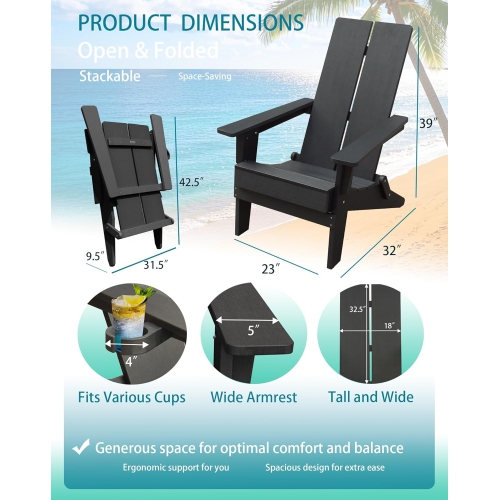 Krikacy Modern Folding Polymer Adirondack Chair with Cup Holder-Black