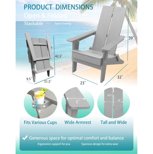 Krikacy Modern Folding Polymer Adirondack Chair with Cup Holder-Grey