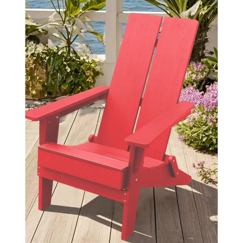 Krikacy Modern Folding Polymer Adirondack Chair with Cup Holder-Red