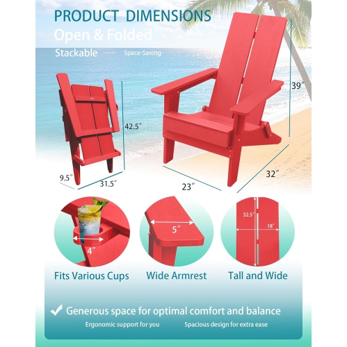 Krikacy Modern Folding Polymer Adirondack Chair with Cup Holder-Red