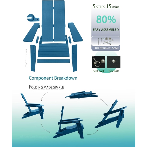 Krikacy Modern Folding Polymer Adirondack Chair with Cup Holder-Navy Blue