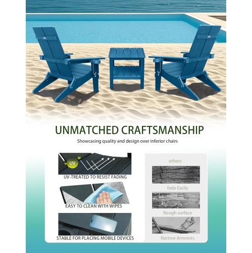 Krikacy Modern Folding Polymer Adirondack Chair with Cup Holder-Navy Blue