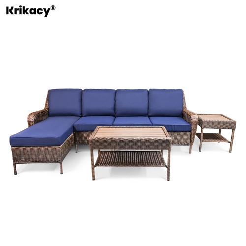 Krikacy 5PCS HDPE Wicker Sectional Conversation Set with Chaise Lounger Coffee Table and End Table（Blue Cushions）