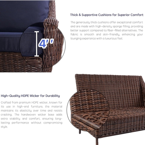 Krikacy 5PCS HDPE Wicker Sectional Conversation Set with Chaise Lounger Coffee Table and End Table（Blue Cushions）