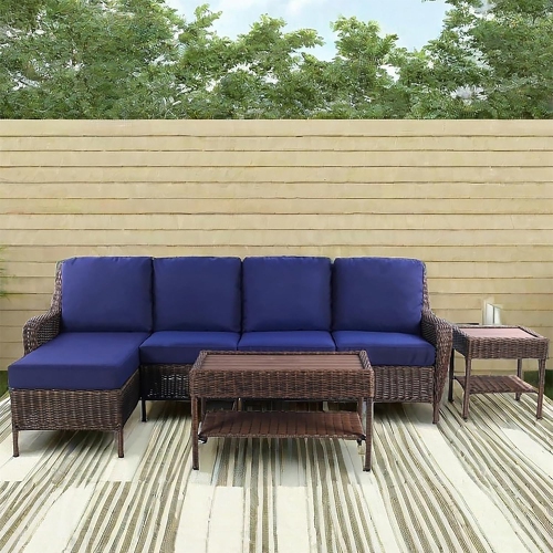 Krikacy 5PCS HDPE Wicker Sectional Conversation Set with Chaise Lounger Coffee Table and End Table（Blue Cushions）