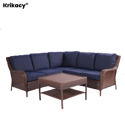 KRIKACY  4PCs HDpe Wicker Sectional Conversation Set With Coffee Table (Blue Cushions）