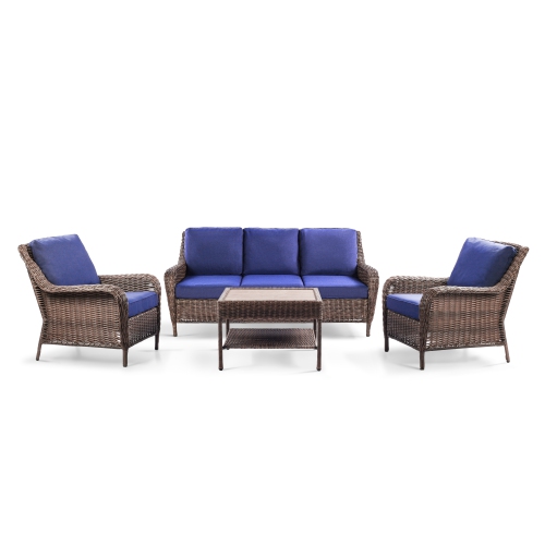 KRIKACY  4PCs HDpe Wicker Coversation Sofa Set With Coffee Table(Blue Cushions)