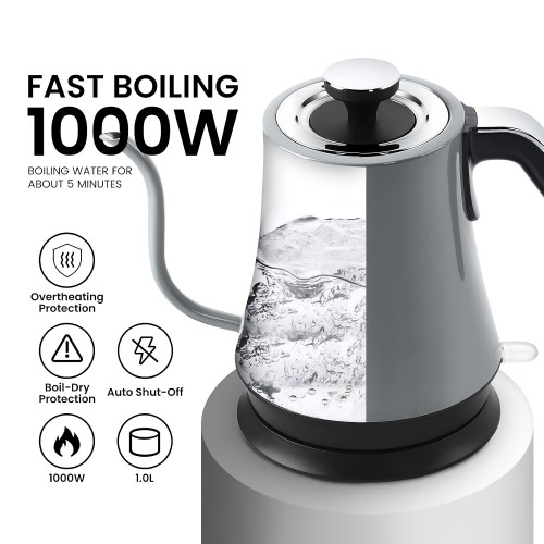 Gooseneck Electric Kettle, 1000W Stainless Steel Kettle with Auto Shut-Off, Boil-Dry Protection