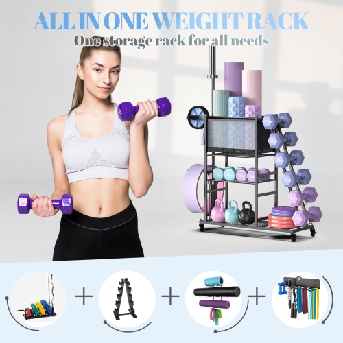 Zachvo Dumbbell Rack Stand, Home Gym Storage Rack, Weight Racks for Dumbbells, Kettlebells, Barbells,Yoga Mat, Home Gym Organizer