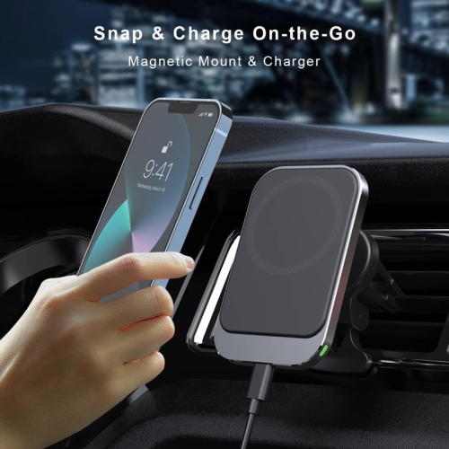 Car Vent Mount & Magnetic Wireless Charger Pad, up to 15W, for iPhone/Android