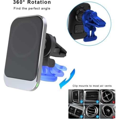 Car Vent Mount & Magnetic Wireless Charger Pad, up to 15W, for iPhone/Android