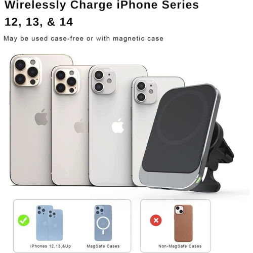 Car Vent Mount & Magnetic Wireless Charger Pad, up to 15W, for iPhone/Android