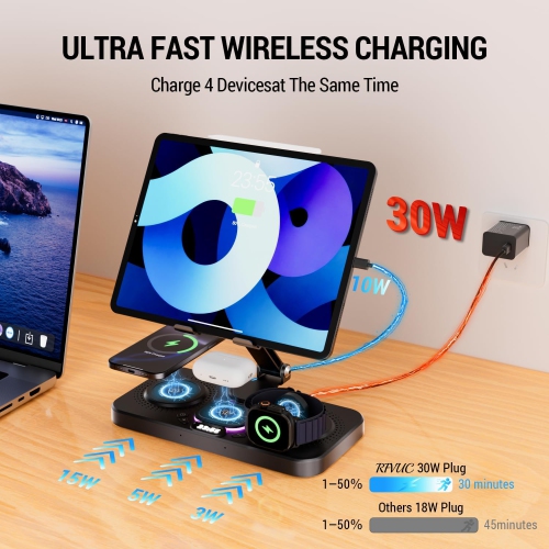 6 in 1 Apple Charging Station for Multiple Devices, 30W Fast Qi-Certified Wireless Charger Stand for iPhone 16/15/14/13/12/Pro/Max/XR/Samsung Galaxy
