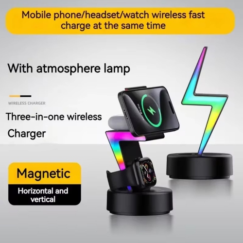 Fast Magnetic Wireless Charger for Iphone 15 14 13 12 Pro Max RGB Night Light Desk Charging Station for Apple Watch Airpods Pro