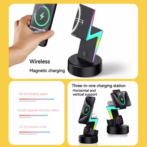 Fast Magnetic Wireless Charger for Iphone 15 14 13 12 Pro Max RGB Night Light Desk Charging Station for Apple Watch Airpods Pro