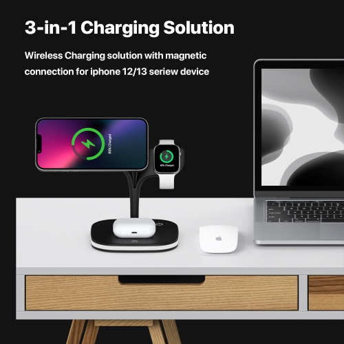 5-in-1 Magnetic Wireless Charging Stand with LED Bedside Lamp and QC Adapter - Compatible with iPhone/Apple Watch/Airpods - Black